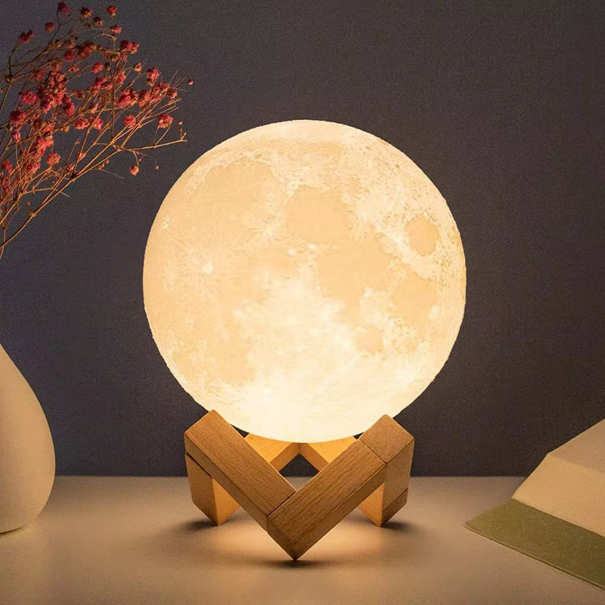 8Cm Moon Lamp LED Night Light Battery Powered with Stand Starry Lamp Bedroom Decor Night Lights Kids Gift Moon Lamp